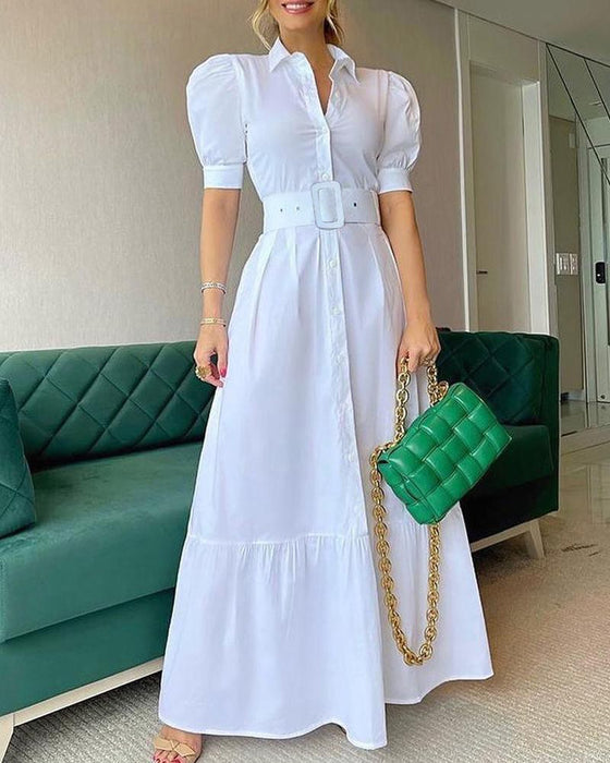 Office Long Short Sleeve Large Swing Dress with Belt