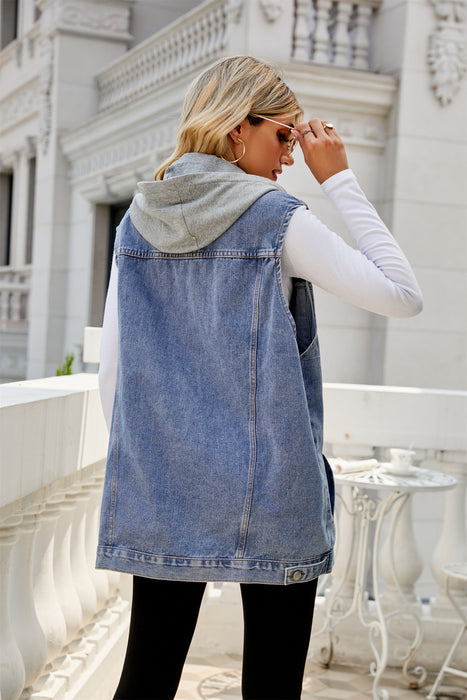 Retro Denim Vest Coat Hooded Detachable Loose Casual Women