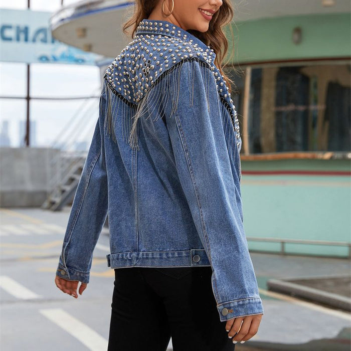 Autumn Heavy Industry Rivets Tassel Short Denim Jacket Women