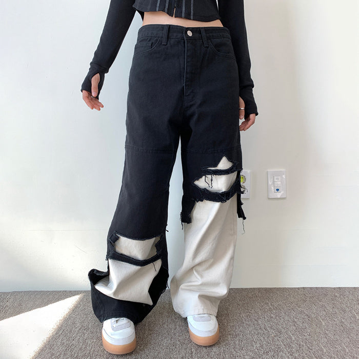 Street Broken Burr Sexy Contrast Color Jeans Loose High Waist Straight Leg Wide Leg Pants