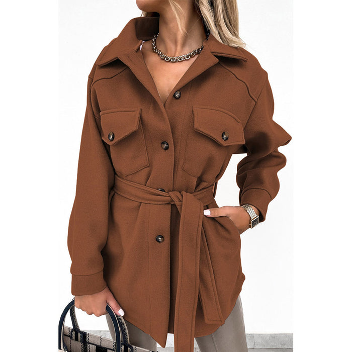 Lace-up Trench Coat Jacket Winter Solid Color Polo Collar Mid-Length Coat