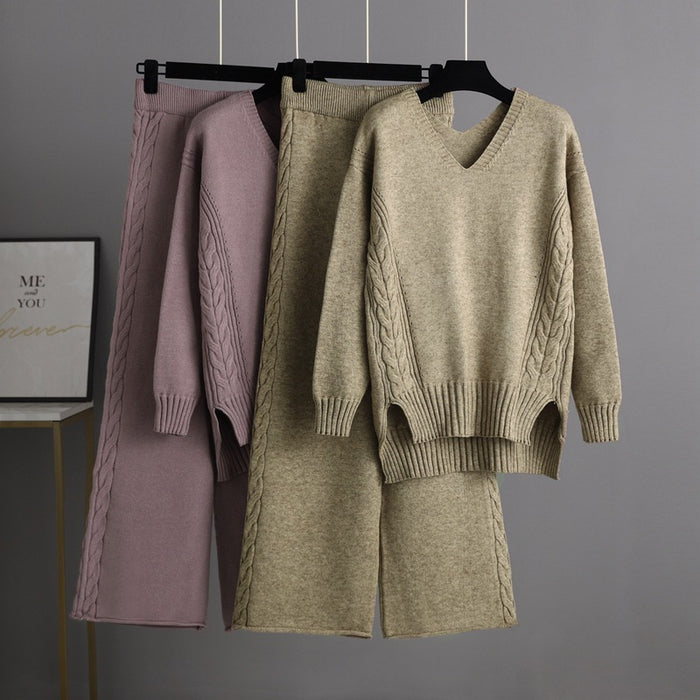 Knitted Wide Leg Pants Sweater Suit for Women Autumn Korean Loose Thick Twet