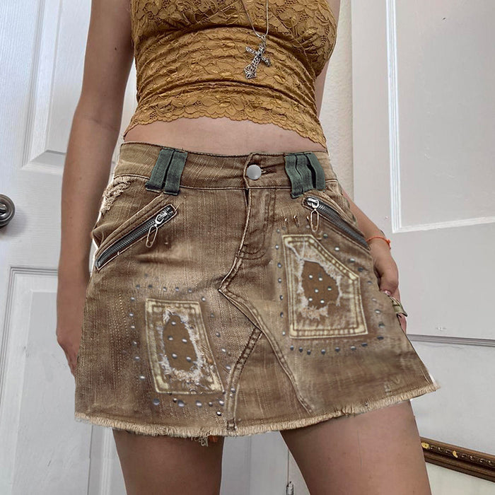 Retro Waste Soil Abstract Printing Split Stitching Rivet Denim Skirt Personality High Waist Raw Hem Short Skirt