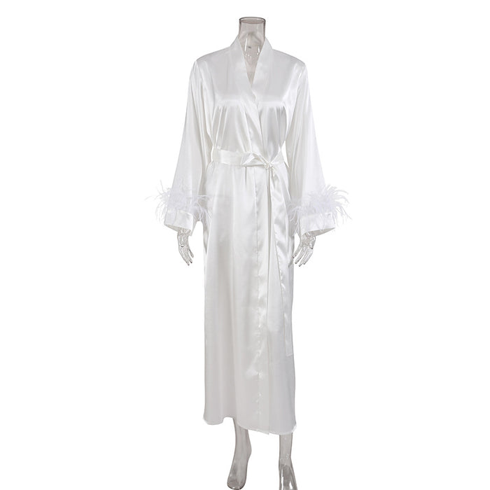 Autumn Winter Long Sleeve Nightgown White with Feather Fashion Bowknot Pajamas Satin Long  Ladies Homewear