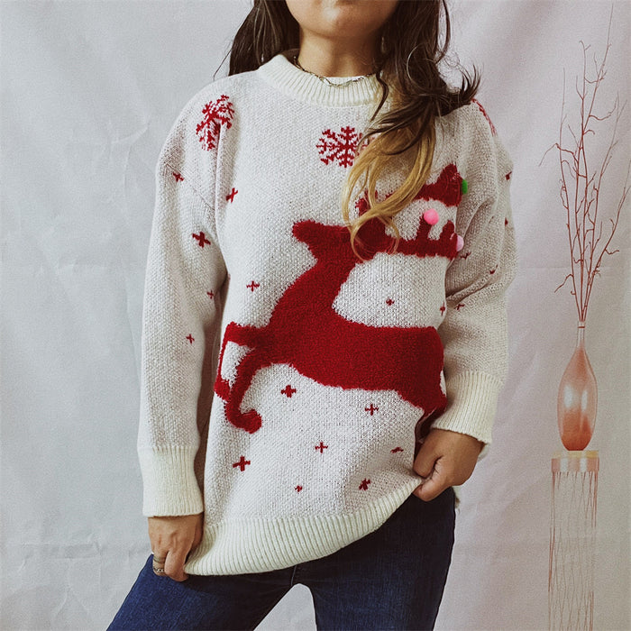 Autumn Winter Deer Snowflake Jacquard Colorful Ball Christmas Sweater Round Neck Knitted Pullover