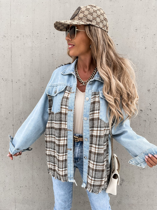 Autumn Winter Denim Stitching Plaid Coat Loose Top for Women