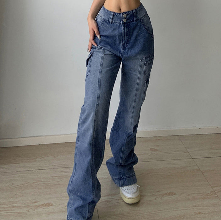 High Waist Slim Fit Two Button Tooling Multi Pocket Denim Trousers Women