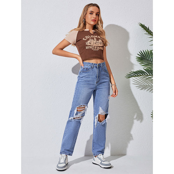 Autumn Winter Women Jeans Street Straight Leg Pants Ripped Slimming Trousers Women