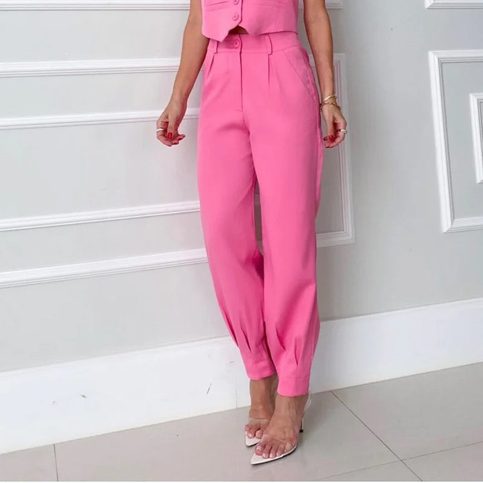 Women Clothing Summer Casual V Neck Sleeveless Top Loose Fitting Wide Leg Trousers Two Piece Set