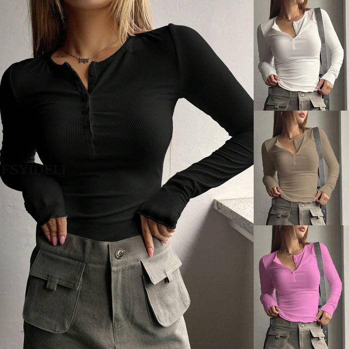 Autumn Sexy Women Long Sleeve Breasted V neck Slim Short Women T shirt Top