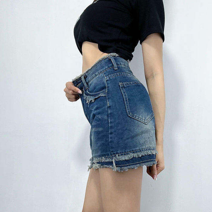 Sexy Raw Edge Denim Skirt Spring Summer High Waist Package Hip All Matching A line Skirt for Women