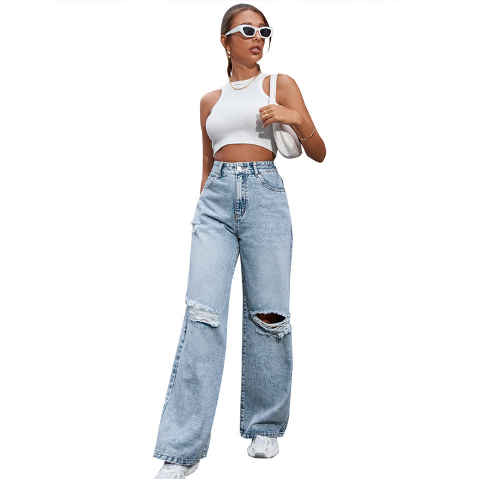 Casual Women Clothing Holes High Waist Wide Leg Pants Casual Denim Trousers Tide