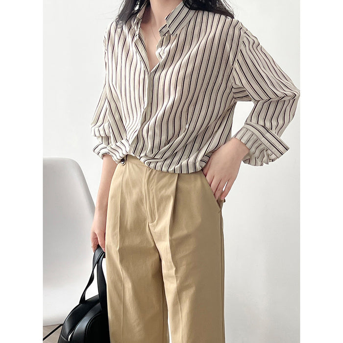 French Vertical Striped Shirt Women  Autumn Niche Long Sleeve Shirt