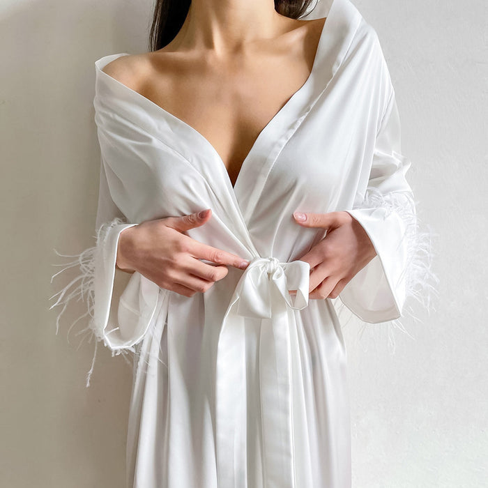 Autumn Winter Long Sleeve Nightgown White with Feather Fashion Bowknot Pajamas Satin Long  Ladies Homewear