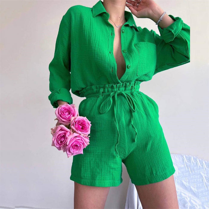 Women  Clothing Suit Pure Cotton Summer Collared Long Sleeve Shirt High Waist Pocket Shorts Two Piece Set