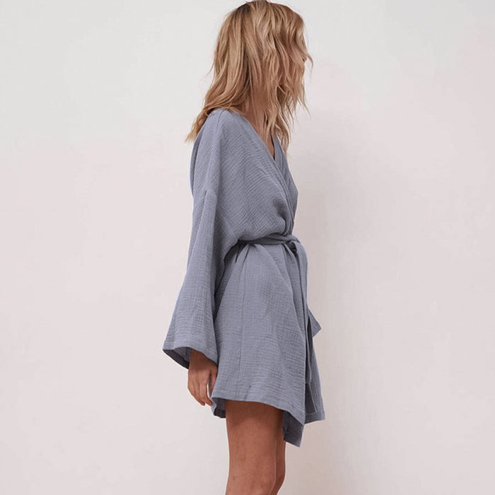 Autumn Long Sleeve Bathrobe Robe Double Layer Crepe Pajamas Women  Summer Home Sauna Clothes Sweat Steaming Bathrobe