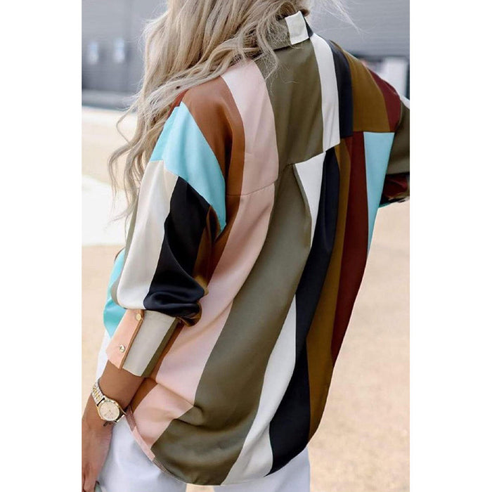 Multi Color Stripe Color Block Long Sleeved Shirt Women Collared Single Breasted Shirt