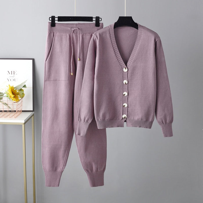 Autumn Winter V neck Cardigan Sweater Harem Pants Suit Solid Color Cardigan Two Piece Sweater