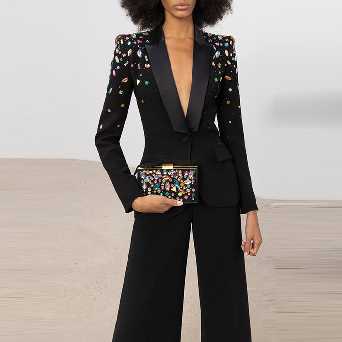 Goods Heavy Industry Beads Colorful Crystals Slim Fit Blazer Bootcut Pants Blazer  Suit Set Two Pieces