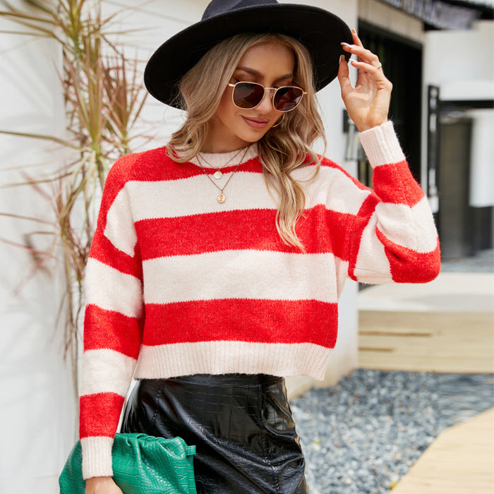 Autumn Winter Casual Women Top Short Round Neck Knitwear Outer Wear Striped Contrast Color Mohair Sweater