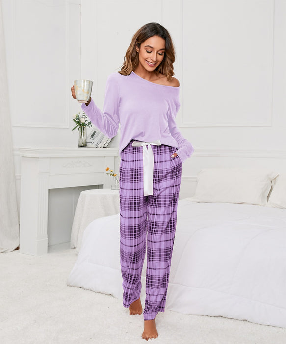 Solid Color round Neck T Printed Checks Women Casual Suit Homewear Pajamas Women