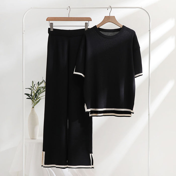 Classic Ice Silk Knitting Suit Women Spring Summer Two Piece Set Short Sleeve Stitching Casual Slimming Fashionable