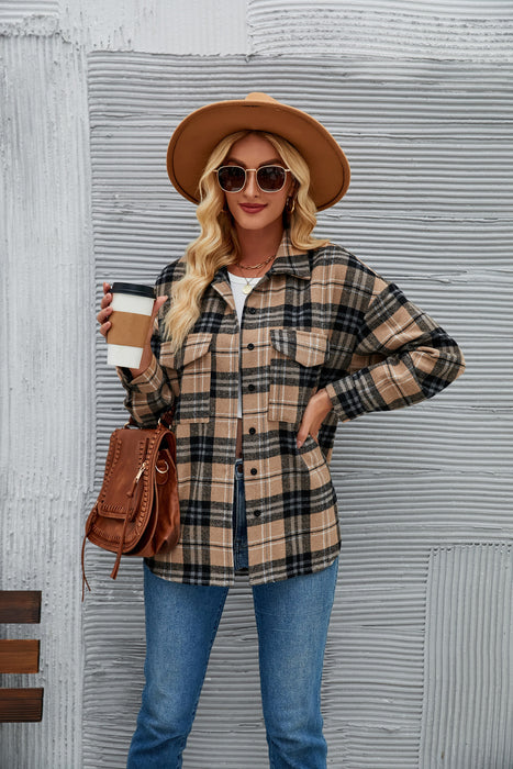 Women Casual Button Pocket Plaid Loose Woolen Coat