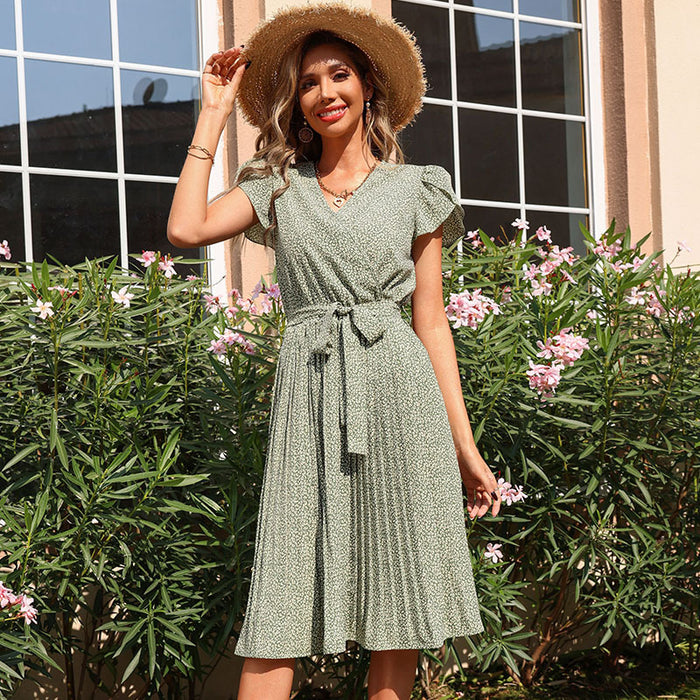 New Summer Printed Green Pleated V-neck Dress Vacation Boho Dress Ruffled Sleeve Dress