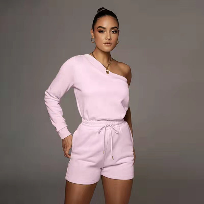 Urban Casual Solid Color Pullover off-the-Shoulder Shorts Women Fleece Lined Slim Fit Long Sleeve Sweater Set