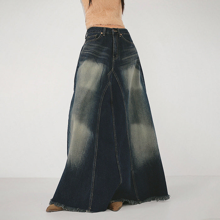 Fashionable High Waist Vertical Stripe Design Denim Skirt Retro Distressed Frayed Fishtail Skirt