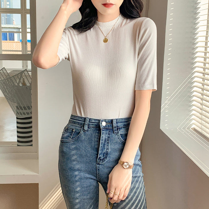 Thread High Elastic White T shirt Women Short Sleeve Summer Slim Fit round Neck Half Sleeve T shirt Stand Collar Top