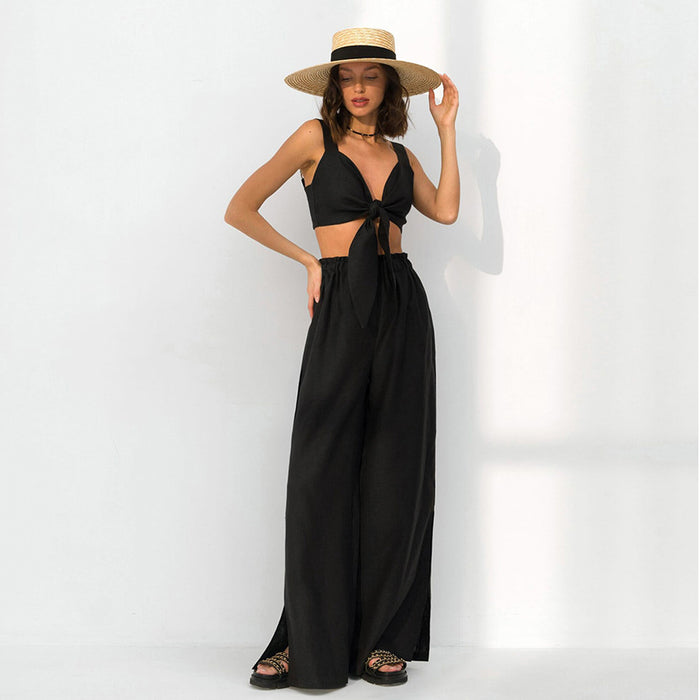 Sexy Bow Suspenders Vest Wide Leg Pants Two Piece Set Women Summer Vacation