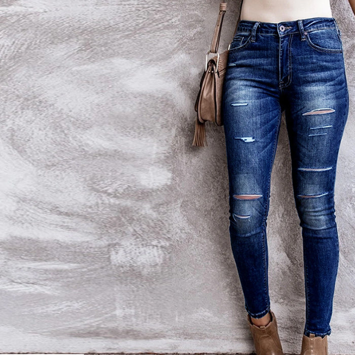 Autumn Winter Stretch Skinny Water Washed Hole Jeans Women Sexy Denim Hip Lifting