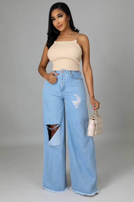 Elastic Ripped Elastic Waist Jeans Wide Leg Pants Women