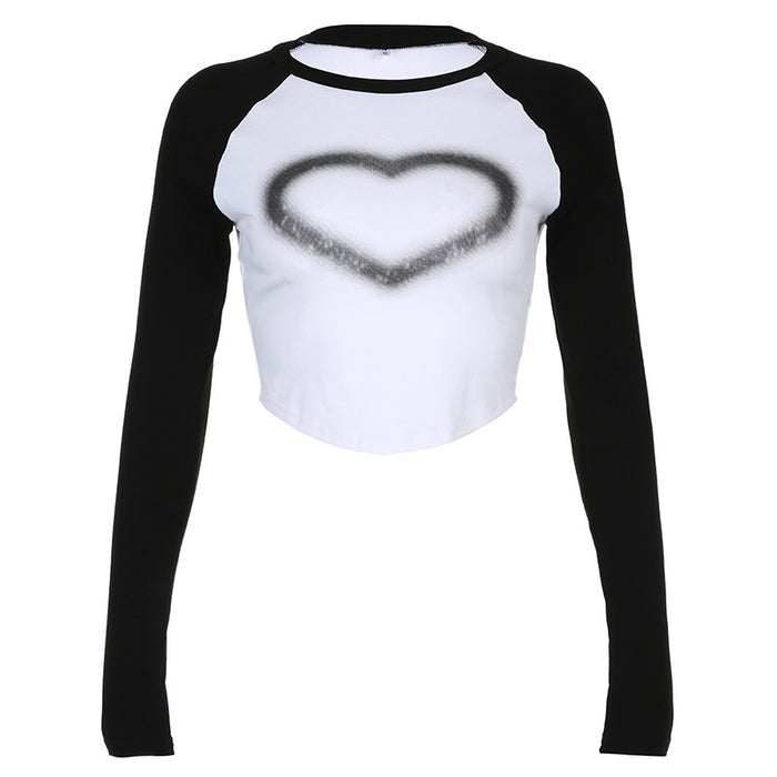 Heart Printing Contrast Color Basic All Matching Raglan Sleeve Autumn Sexy Short Sleeved T shirt