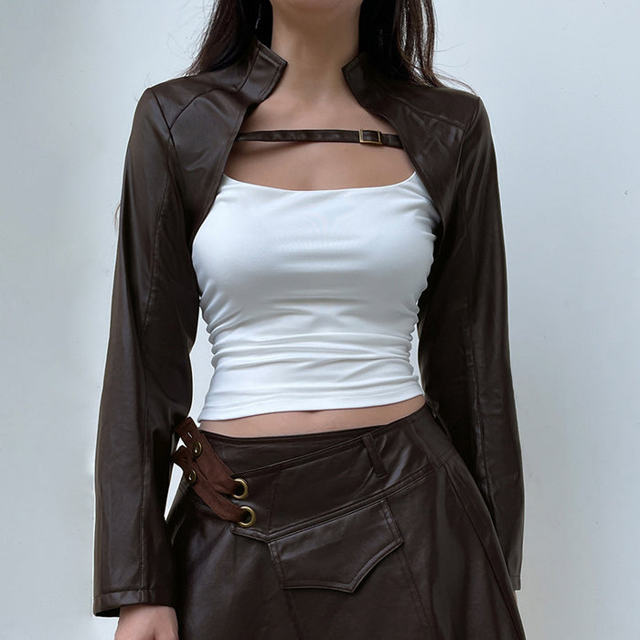 Shawl Leather Blouse Women Brown Personality Ultra Short Outerwear Coat Cardigan Short Jacket