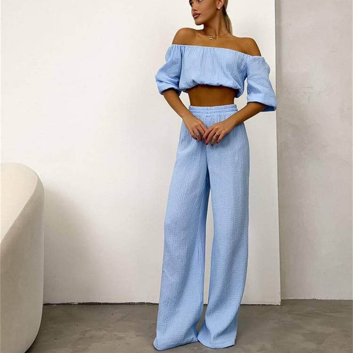 Two Piece Women  Summer Pure Cotton Champray Solid Color off Neck Short Sleeved Top High Waist Wide Leg Pants Casual Suit