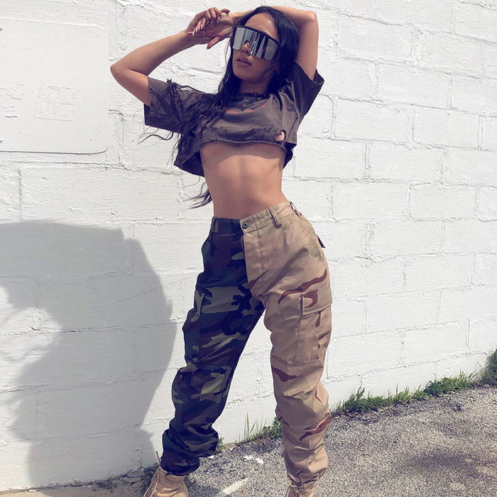 Street Shooting Camouflage Dark Green Pocket Stitching High Waist Wide-Leg Overalls Female