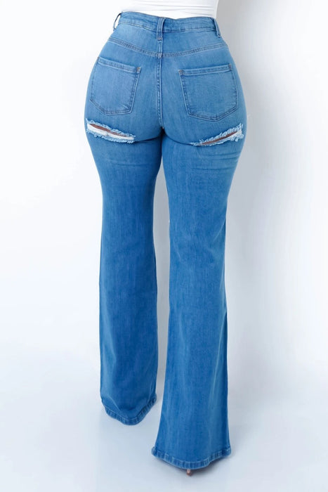 Elastic Ripped Bell-Bottom Pants Frayed Hem Split Sexy Jeans