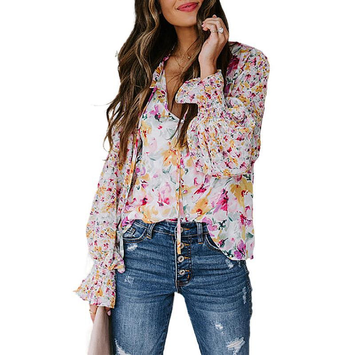 Summer New  Women Clothing Printed Lantern Long Sleeve Casual Loose Shirt