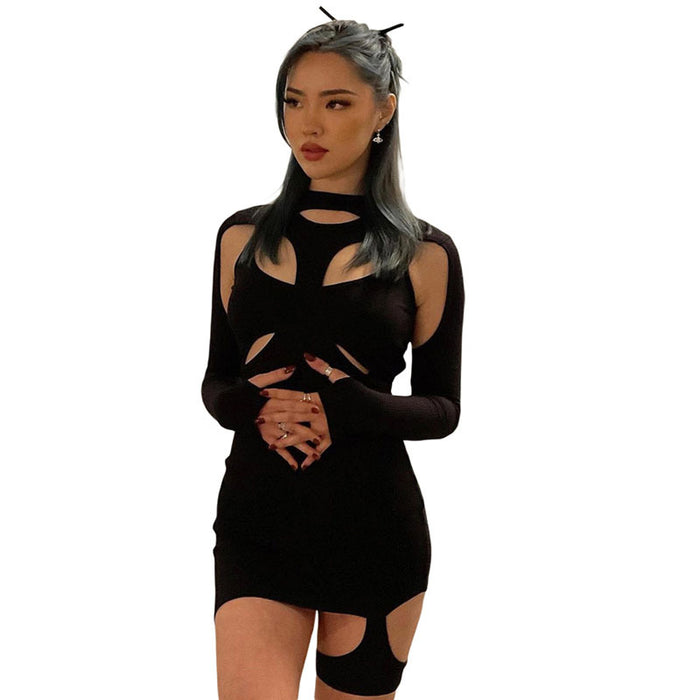 Summer New Women round Neck Long Sleeve Sexy Hollow Out Cutout Slim-Fit Sheath Design Dress for Women