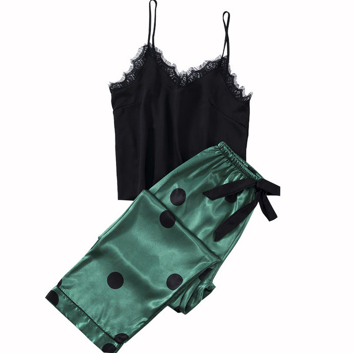 Dark Green Pajamas Women Summer V-neck Suspender Trousers Two Piece Set Loose Polka Dot Comfortable Homewear