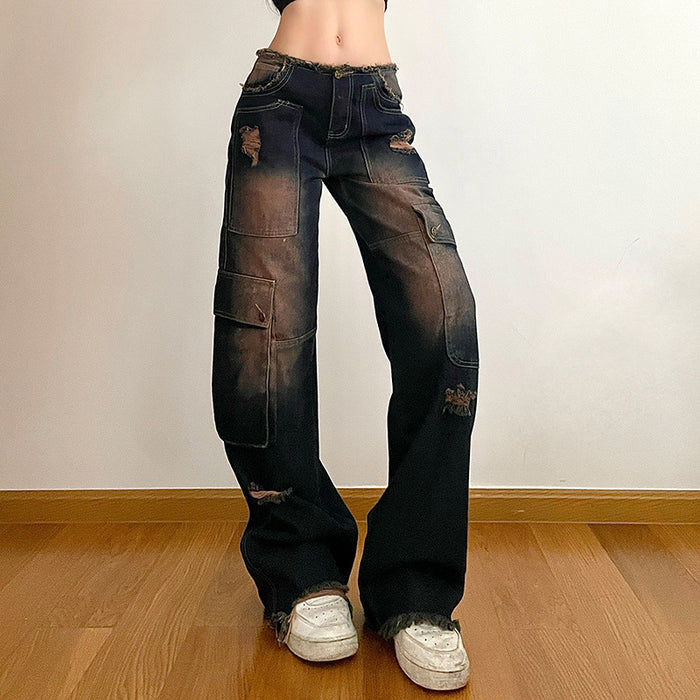 Street Retro Distressed Asymmetric Pocket Design Ripped Jeans Low Waist Slimming Street Shooting Casual Trousers