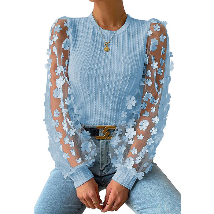 Women Mesh Small Floral Chiffon Shirt Women Spring Summer round Neck Slimming Pullover Long Sleeve Top