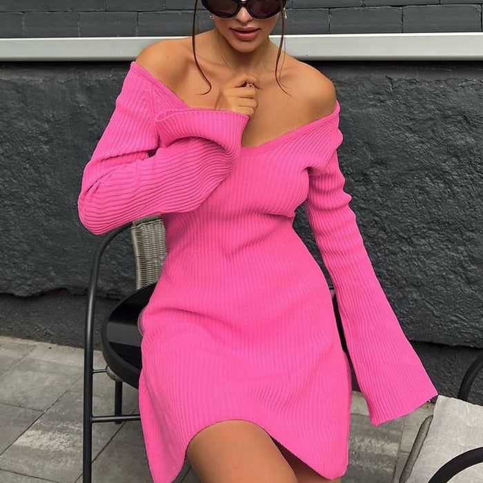 V Neck Long Sleeve Sexy Dress Short A Line Dress Strapless High Waist Autumn Winter Knitted Dress