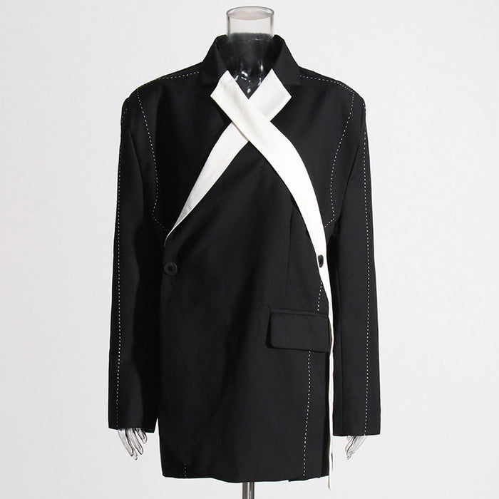 Black White Stitching Personalized Blazer Women  Autumn Color Contrast Loose Design Thick Thread Design Coat