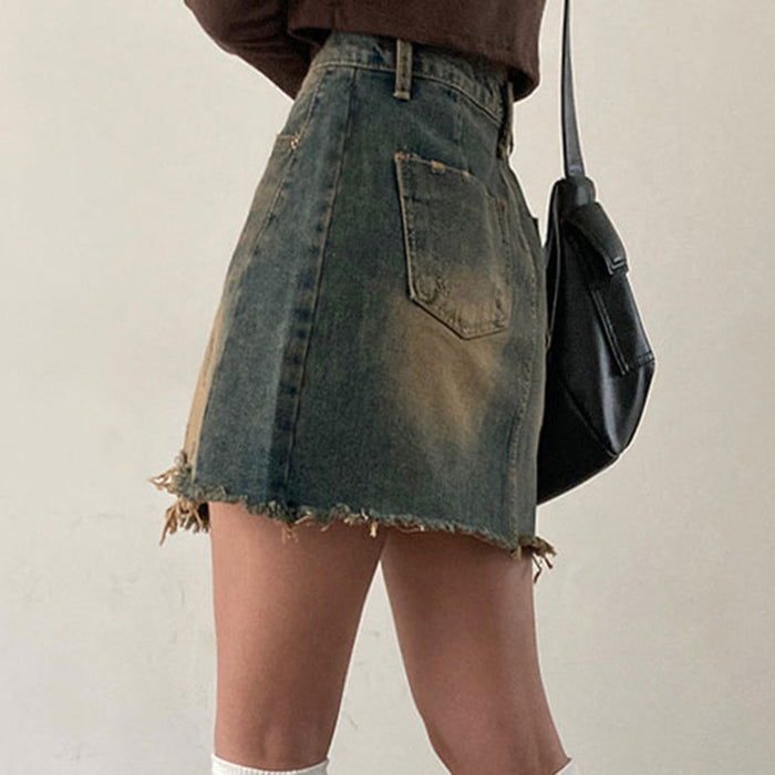 Spring Street Retro Worn Looking Washed-out Frayed Denim Skirt High Waist Slimming Sexy A  line Skirt