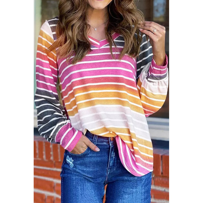 Multi Color Gradient Striped Long Sleeved V neck Top for Women Autumn Pullover