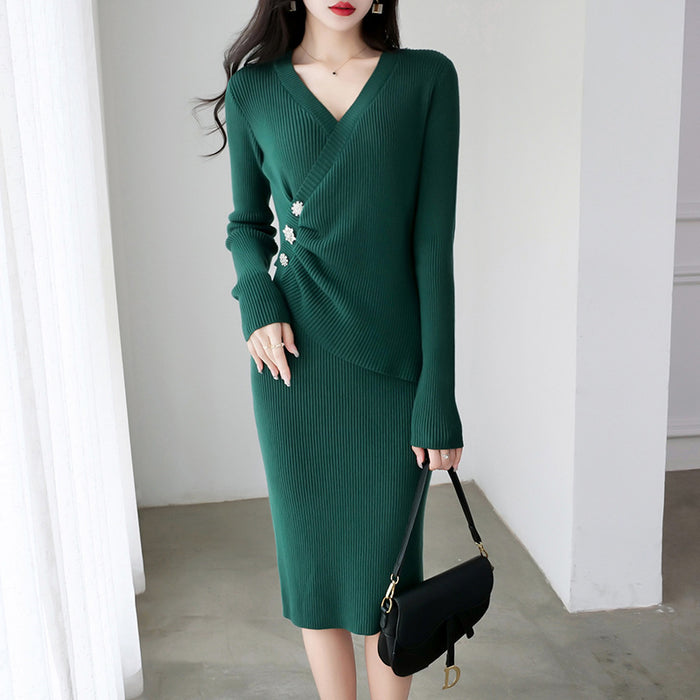 Spring Autumn French V Neck Retro Knitted Fitted Waist Dress Women Mid Length Socialite Slim Fit Base Sweater Dress