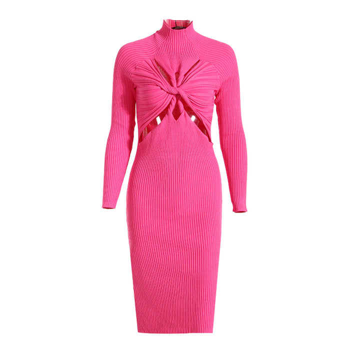 Design Sexy Cutout Twisted Knitted Dress Autumn Half Turtleneck Slim Fit Slimming Long Sleeves Dress